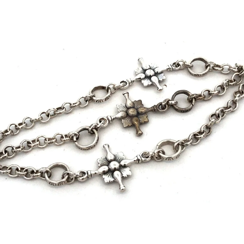 925 Sterling Silver Textured Floral Multi Strand Layered Chain Bracelet - Picture 2 of 8